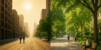 Grün gegen Glut: Warum Stadtbäume Leben retten Stadt_Begrünung_Bäume_Illustration