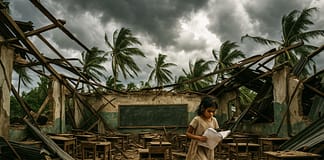 Wenn der Sturm das Klassenzimmer wegfegt Zerstörte_Schule_Klimawandel_Illustration